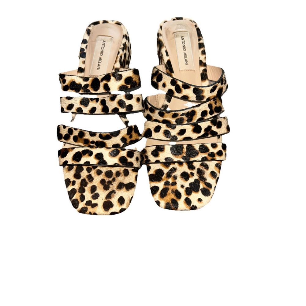 Antonio Melani Leopard fur Slides Womens SZ 8M Leather Sole 1.5 Inch Block Heel